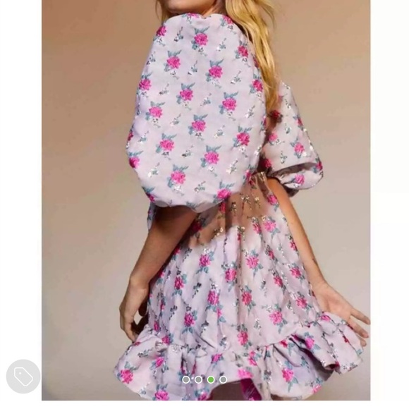 Sister Jane Floral Jacquard Puff Sleeve Open Back Mini Dress. Size xs - Picture 3 of 4
